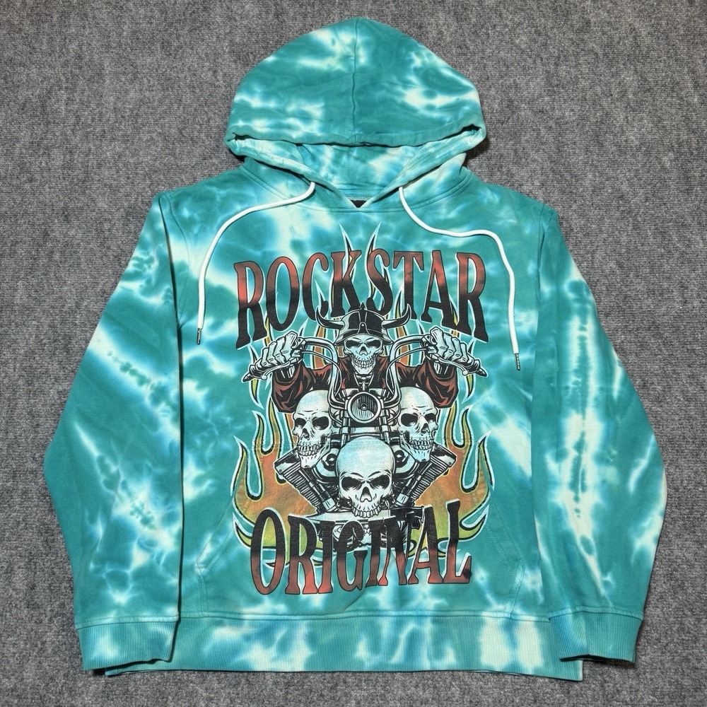 Rockstar Original Hoodie‎ Mens XL Blue Tie Dye Long Sleeve Skull Sweatshirt Hood
